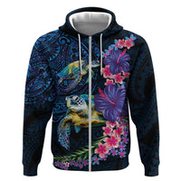 Hawaiian Plumeria and Hibiscus with Turtles Hoodie Polynesian Art Dark Cyan Color - Polynesian Pride