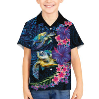 Hawaiian Plumeria and Hibiscus with Turtles Kid Hawaiian Shirt Polynesian Art Dark Cyan Color - Polynesian Pride