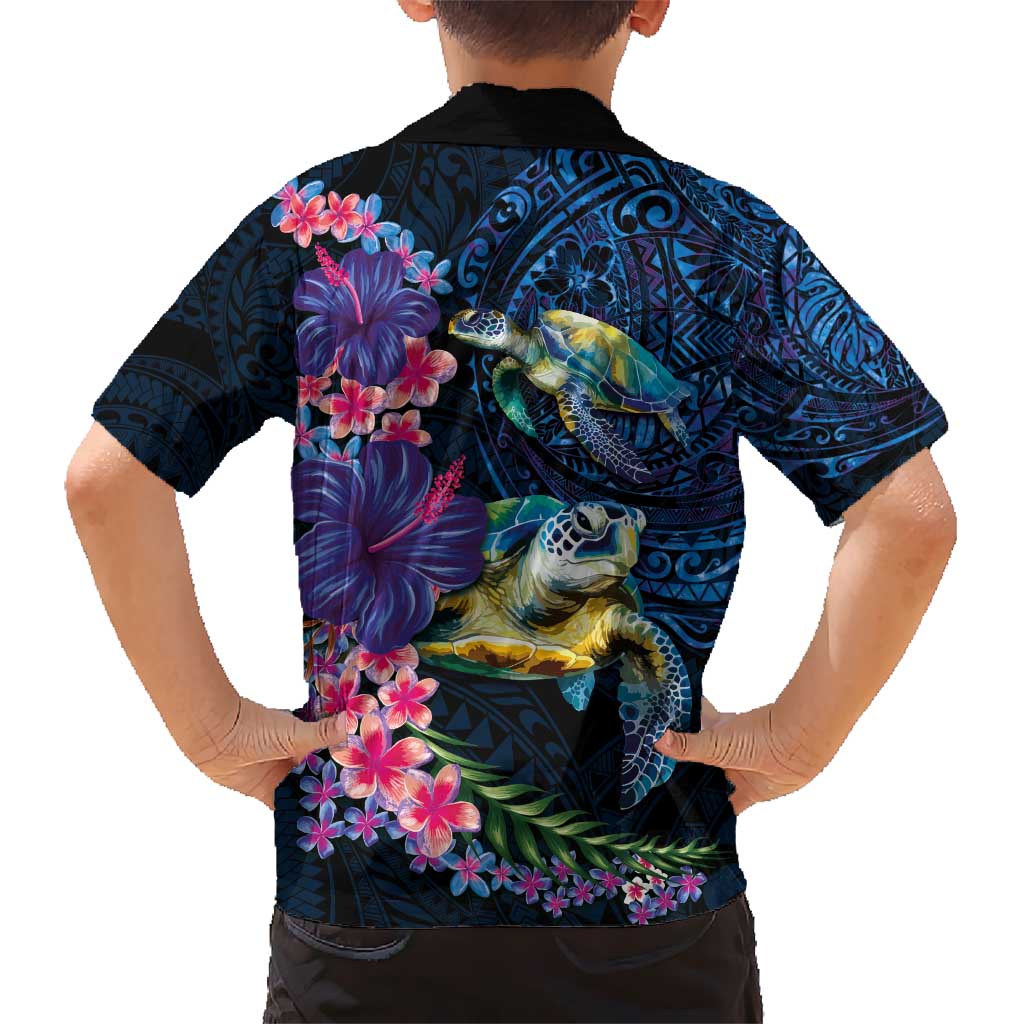 Hawaiian Plumeria and Hibiscus with Turtles Kid Hawaiian Shirt Polynesian Art Dark Cyan Color - Polynesian Pride