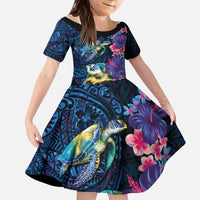 Hawaiian Plumeria and Hibiscus with Turtles Kid Short Sleeve Dress Polynesian Art Dark Cyan Color - Polynesian Pride