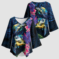 Hawaiian Plumeria and Hibiscus with Turtles Kimono Sleeve Blouse Polynesian Art Dark Cyan Color - Polynesian Pride