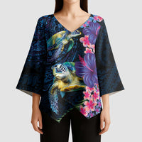 Hawaiian Plumeria and Hibiscus with Turtles Kimono Sleeve Blouse Polynesian Art Dark Cyan Color - Polynesian Pride