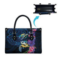 Hawaiian Plumeria and Hibiscus with Turtles Leather Bag Polynesian Art Dark Cyan Color - Polynesian Pride