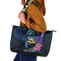 Hawaiian Plumeria and Hibiscus with Turtles Leather Tote Bag Polynesian Art Dark Cyan Color - Polynesian Pride