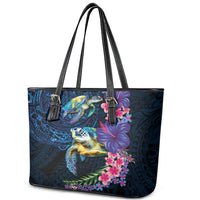 Hawaiian Plumeria and Hibiscus with Turtles Leather Tote Bag Polynesian Art Dark Cyan Color - Polynesian Pride