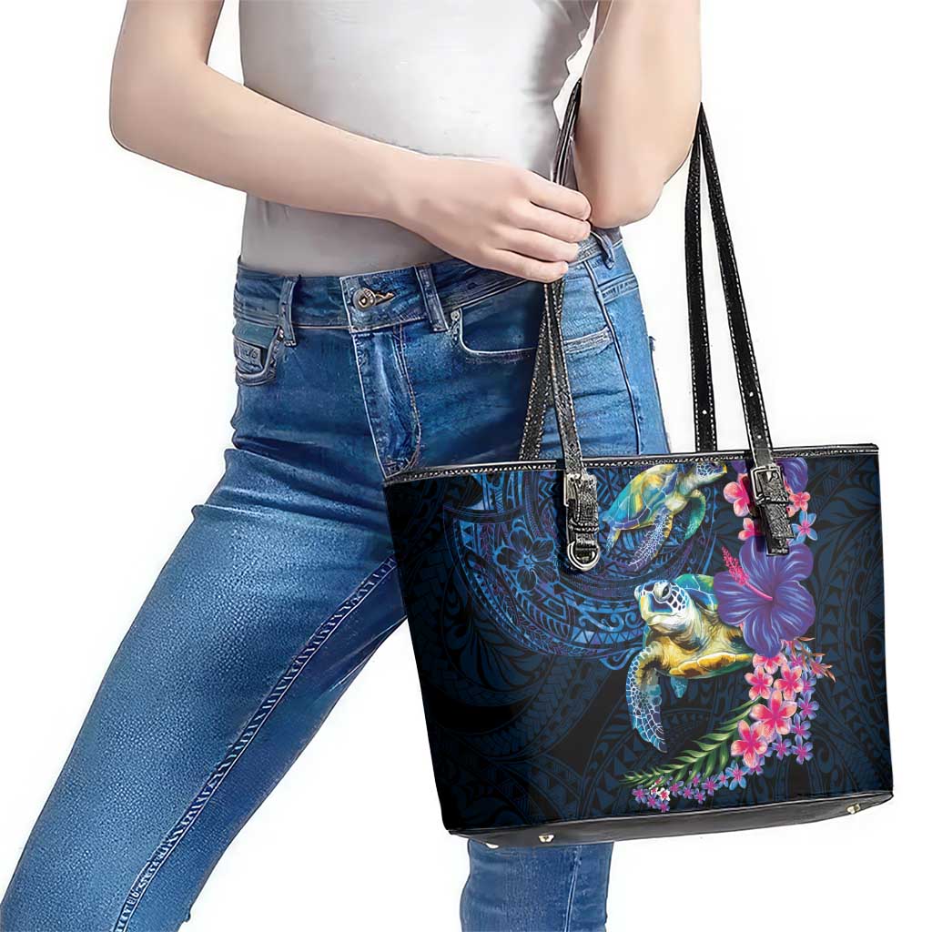 Hawaiian Plumeria and Hibiscus with Turtles Leather Tote Bag Polynesian Art Dark Cyan Color - Polynesian Pride
