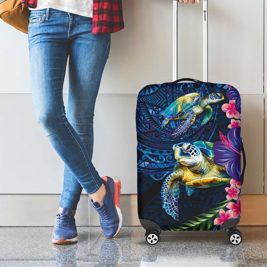Hawaiian Plumeria and Hibiscus with Turtles Luggage Cover Polynesian Art Dark Cyan Color - Polynesian Pride