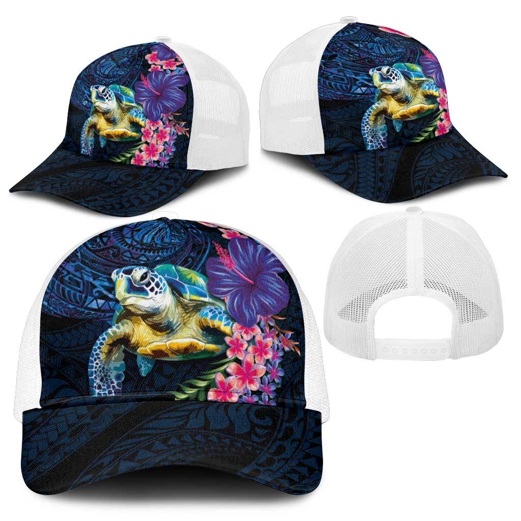 Hawaiian Plumeria and Hibiscus with Turtles Mesh Trucker Cap Polynesian Art Dark Cyan Color - Polynesian Pride
