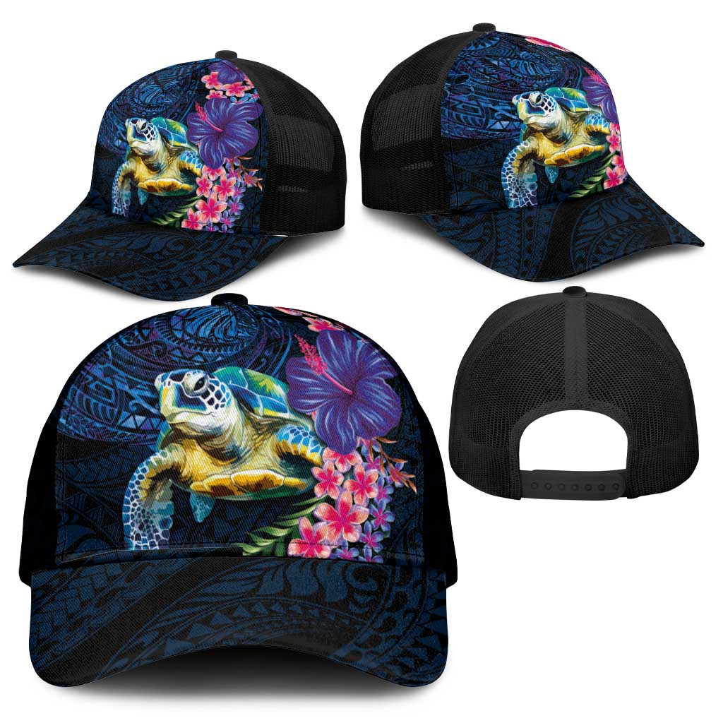 Hawaiian Plumeria and Hibiscus with Turtles Mesh Trucker Cap Polynesian Art Dark Cyan Color - Polynesian Pride