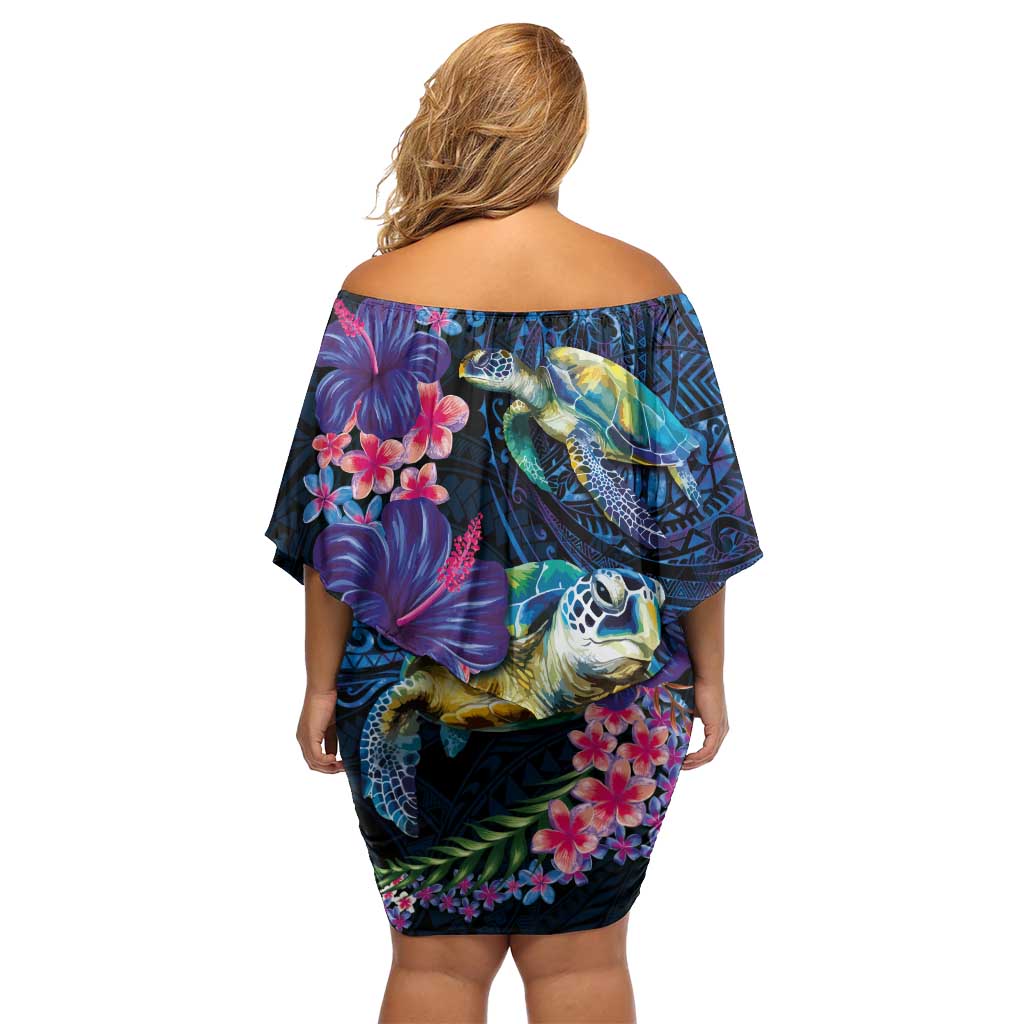Hawaiian Plumeria and Hibiscus with Turtles Off Shoulder Short Dress Polynesian Art Dark Cyan Color - Polynesian Pride