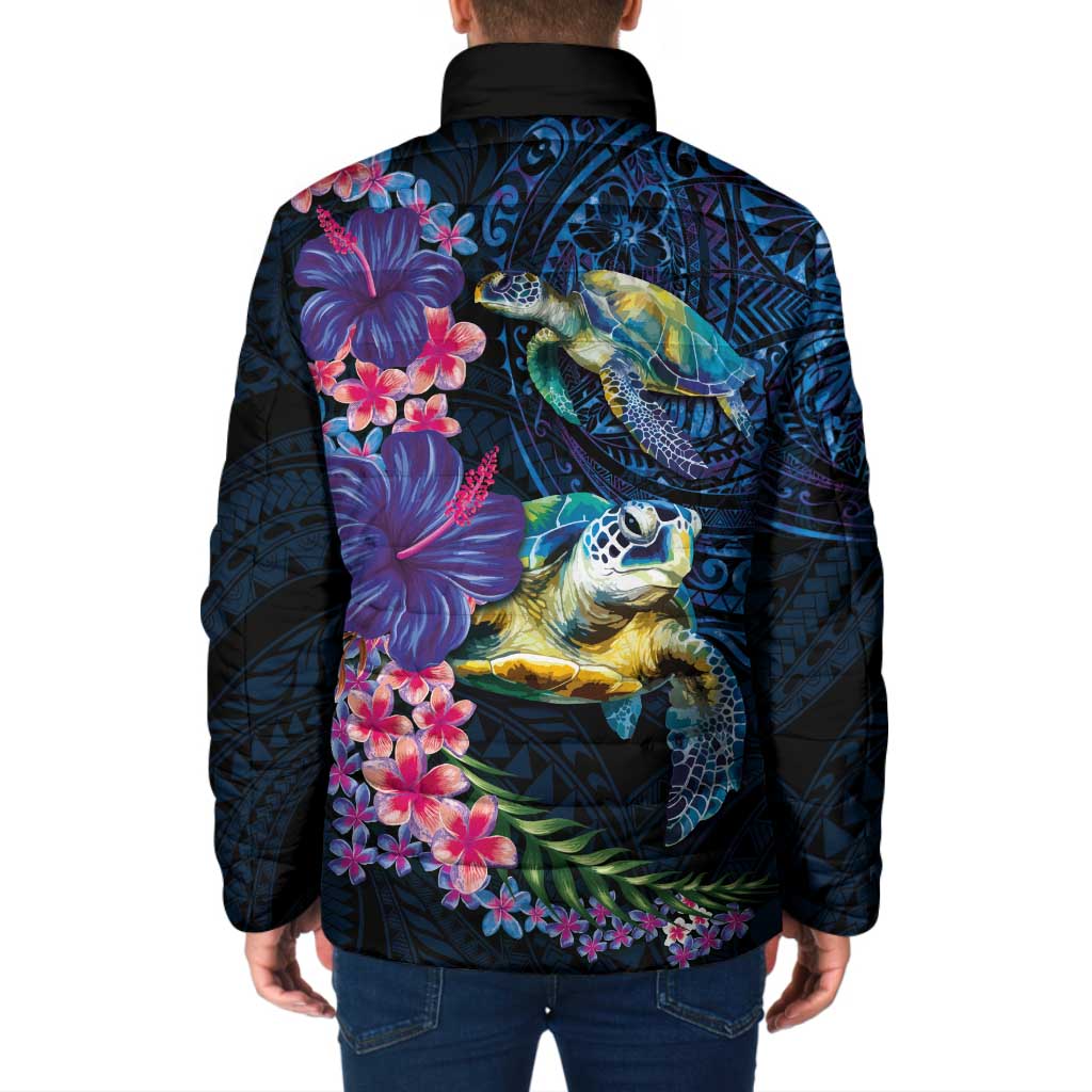 Hawaiian Plumeria and Hibiscus with Turtles Padded Jacket Polynesian Art Dark Cyan Color - Polynesian Pride