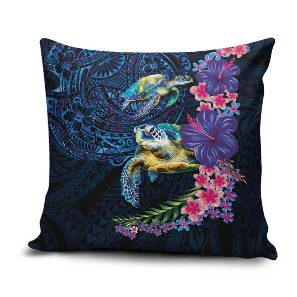 Hawaiian Plumeria and Hibiscus with Turtles Pillow Cover Polynesian Art Dark Cyan Color - Polynesian Pride