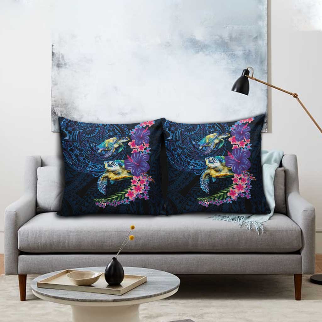 Hawaiian Plumeria and Hibiscus with Turtles Pillow Cover Polynesian Art Dark Cyan Color - Polynesian Pride