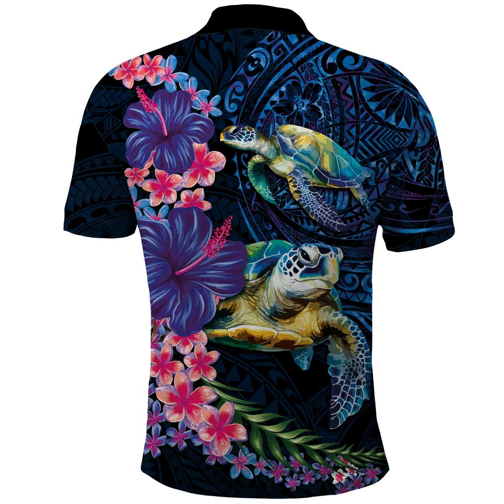 Hawaiian Plumeria and Hibiscus with Turtles Polo Shirt Polynesian Art Dark Cyan Color - Polynesian Pride