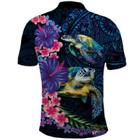 Hawaiian Plumeria and Hibiscus with Turtles Polo Shirt Polynesian Art Dark Cyan Color - Polynesian Pride