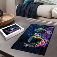 Hawaiian Plumeria and Hibiscus with Turtles Puzzle Polynesian Art Dark Cyan Color - Polynesian Pride