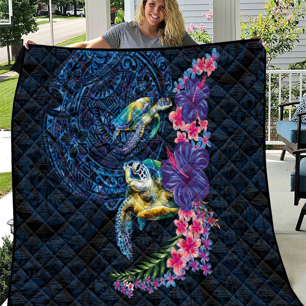 Hawaiian Plumeria and Hibiscus with Turtles Quilt Polynesian Art Dark Cyan Color - Polynesian Pride