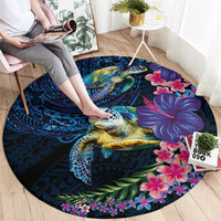 Hawaiian Plumeria and Hibiscus with Turtles Round Carpet Polynesian Art Dark Cyan Color - Polynesian Pride