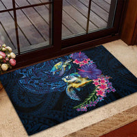 Hawaiian Plumeria and Hibiscus with Turtles Rubber Doormat Polynesian Art Dark Cyan Color - Polynesian Pride