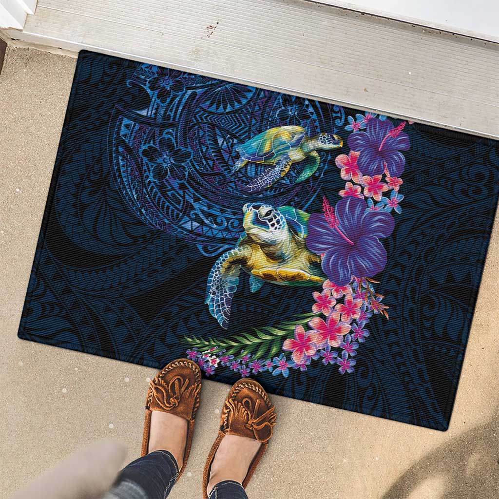 Hawaiian Plumeria and Hibiscus with Turtles Rubber Doormat Polynesian Art Dark Cyan Color - Polynesian Pride