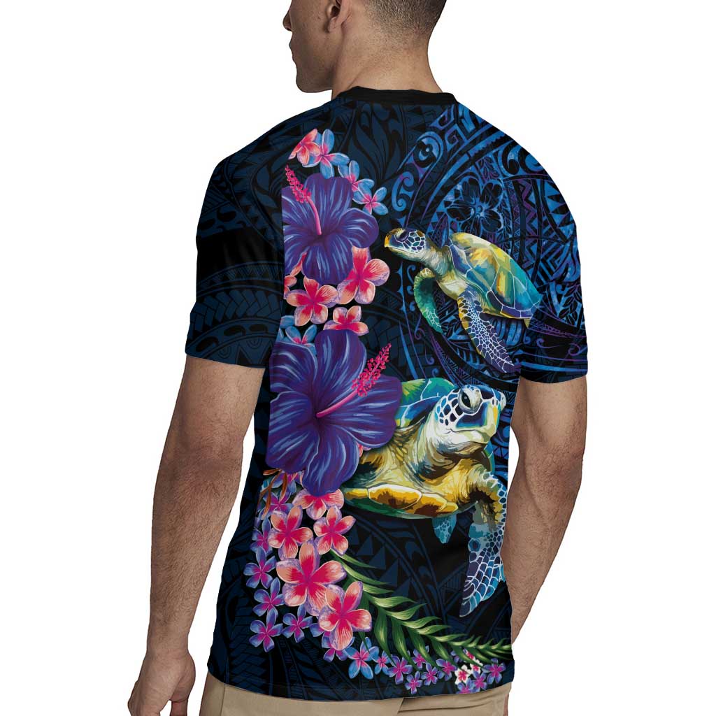 Hawaiian Plumeria and Hibiscus with Turtles Rugby Jersey Polynesian Art Dark Cyan Color - Polynesian Pride