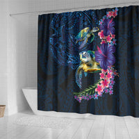 Hawaiian Plumeria and Hibiscus with Turtles Shower Curtain Polynesian Art Dark Cyan Color - Polynesian Pride
