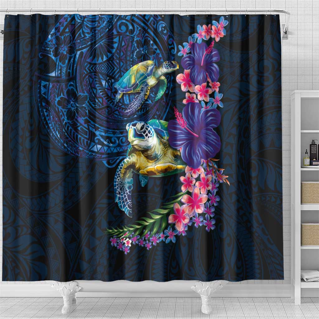 Hawaiian Plumeria and Hibiscus with Turtles Shower Curtain Polynesian Art Dark Cyan Color - Polynesian Pride