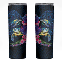 Hawaiian Plumeria and Hibiscus with Turtles Skinny Tumbler Polynesian Art Dark Cyan Color - Polynesian Pride