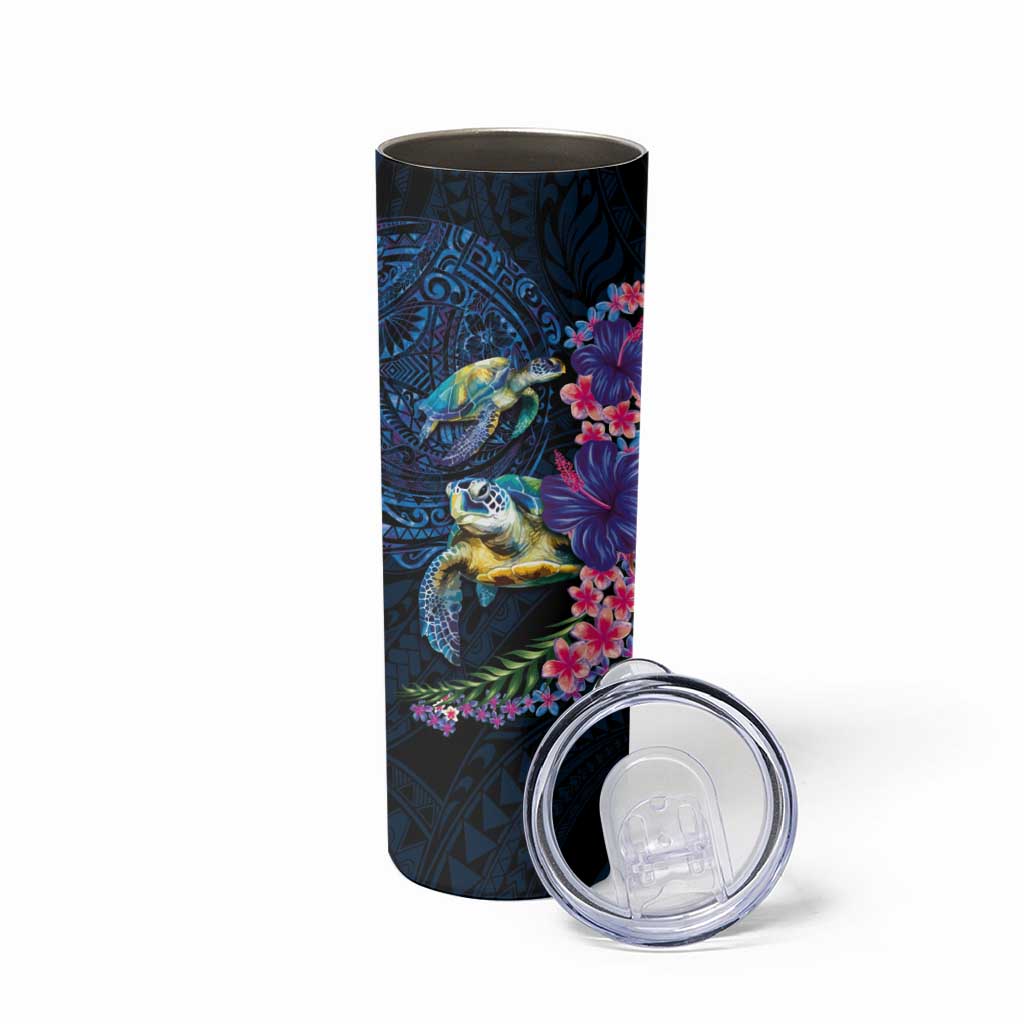 Hawaiian Plumeria and Hibiscus with Turtles Skinny Tumbler Polynesian Art Dark Cyan Color - Polynesian Pride