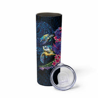 Hawaiian Plumeria and Hibiscus with Turtles Skinny Tumbler Polynesian Art Dark Cyan Color - Polynesian Pride