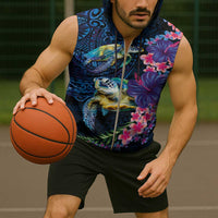 Hawaiian Plumeria and Hibiscus with Turtles Sleeveless Zip Hoodie Polynesian Art Dark Cyan Color - Polynesian Pride