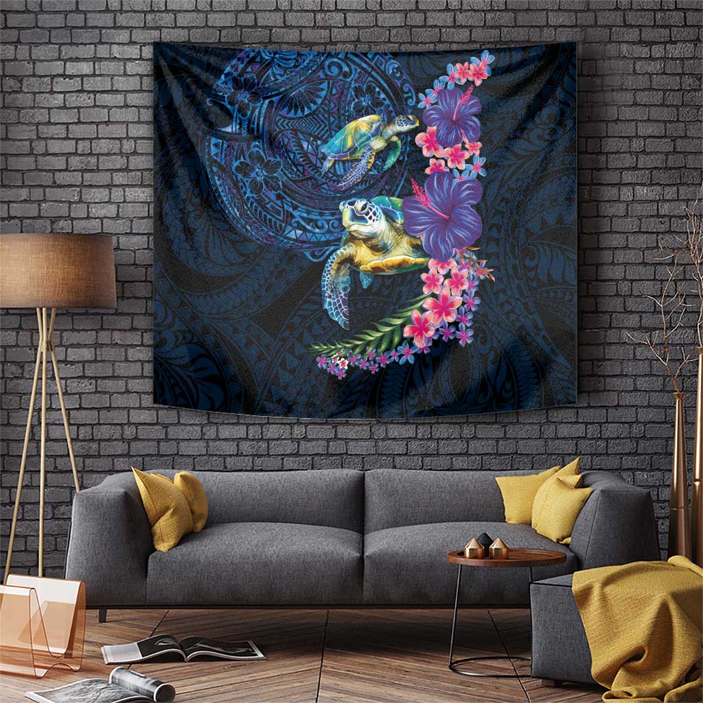 Hawaiian Plumeria and Hibiscus with Turtles Tapestry Polynesian Art Dark Cyan Color - Polynesian Pride