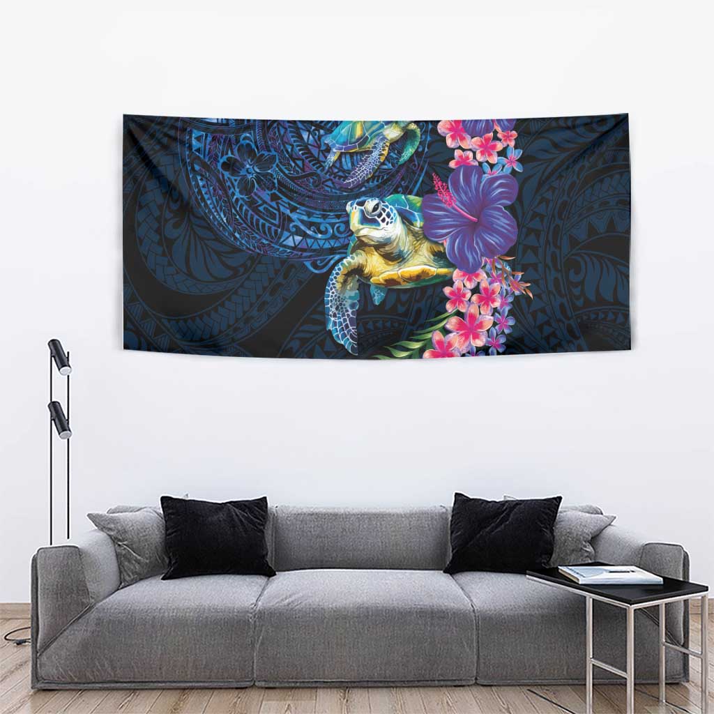 Hawaiian Plumeria and Hibiscus with Turtles Tapestry Polynesian Art Dark Cyan Color - Polynesian Pride