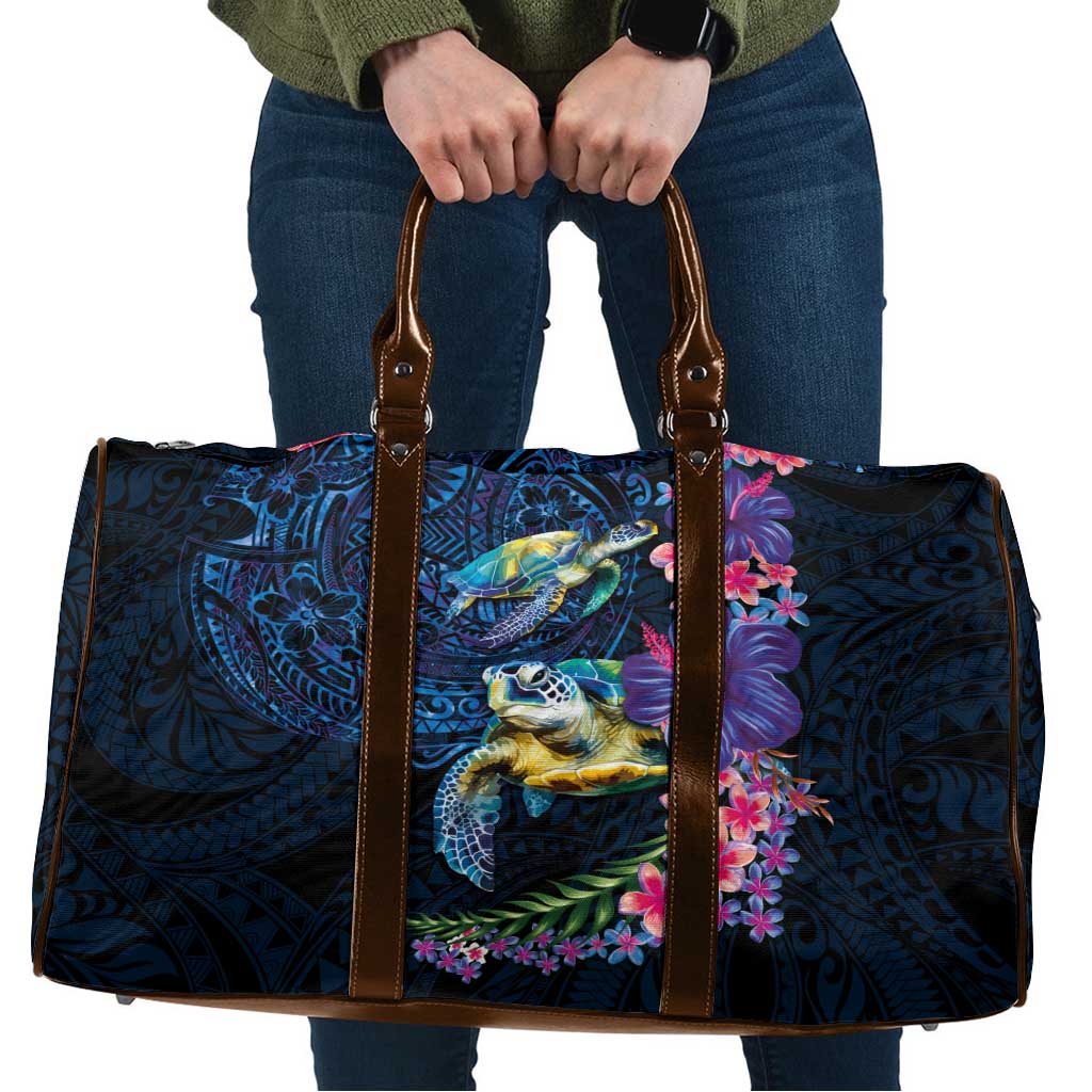 Hawaiian Plumeria and Hibiscus with Turtles Travel Bag Polynesian Art Dark Cyan Color - Polynesian Pride
