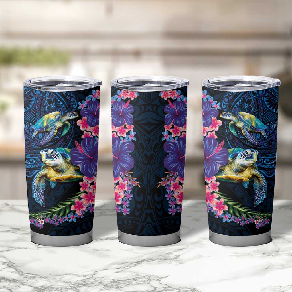 Hawaiian Plumeria and Hibiscus with Turtles Tumbler Cup Polynesian Art Dark Cyan Color - Polynesian Pride