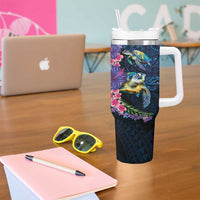 Hawaiian Plumeria and Hibiscus with Turtles Tumbler With Handle Polynesian Art Dark Cyan Color - Polynesian Pride