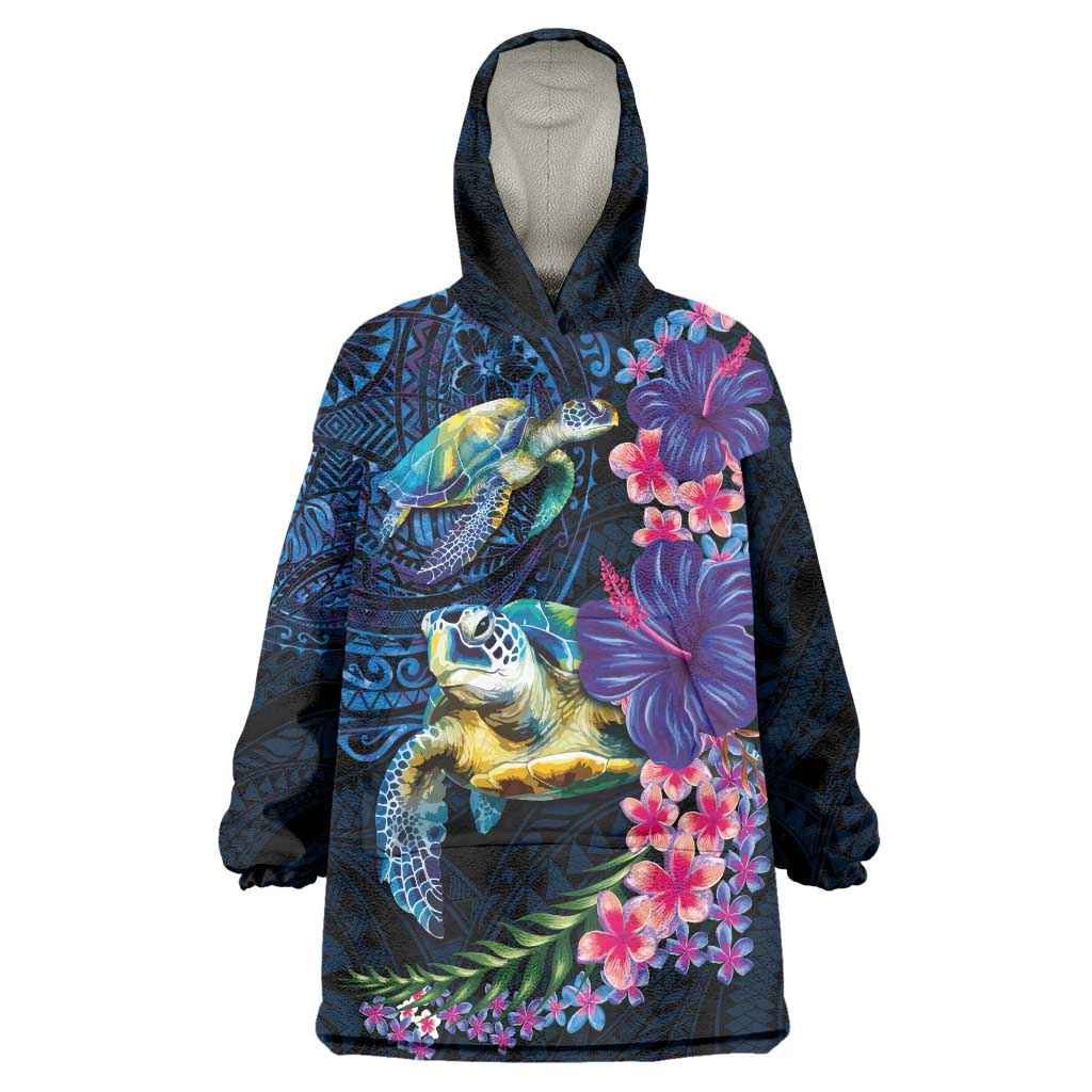 Hawaiian Plumeria and Hibiscus with Turtles Wearable Blanket Hoodie Polynesian Art Dark Cyan Color - Polynesian Pride