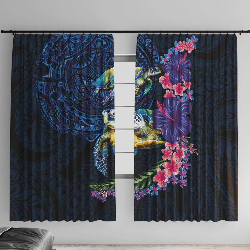 Hawaiian Plumeria and Hibiscus with Turtles Window Curtain Polynesian Art Dark Cyan Color - Polynesian Pride