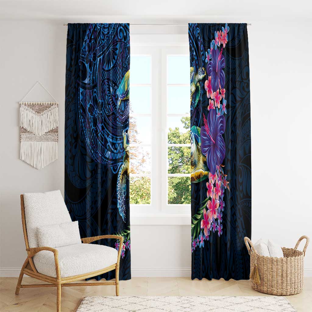 Hawaiian Plumeria and Hibiscus with Turtles Window Curtain Polynesian Art Dark Cyan Color - Polynesian Pride