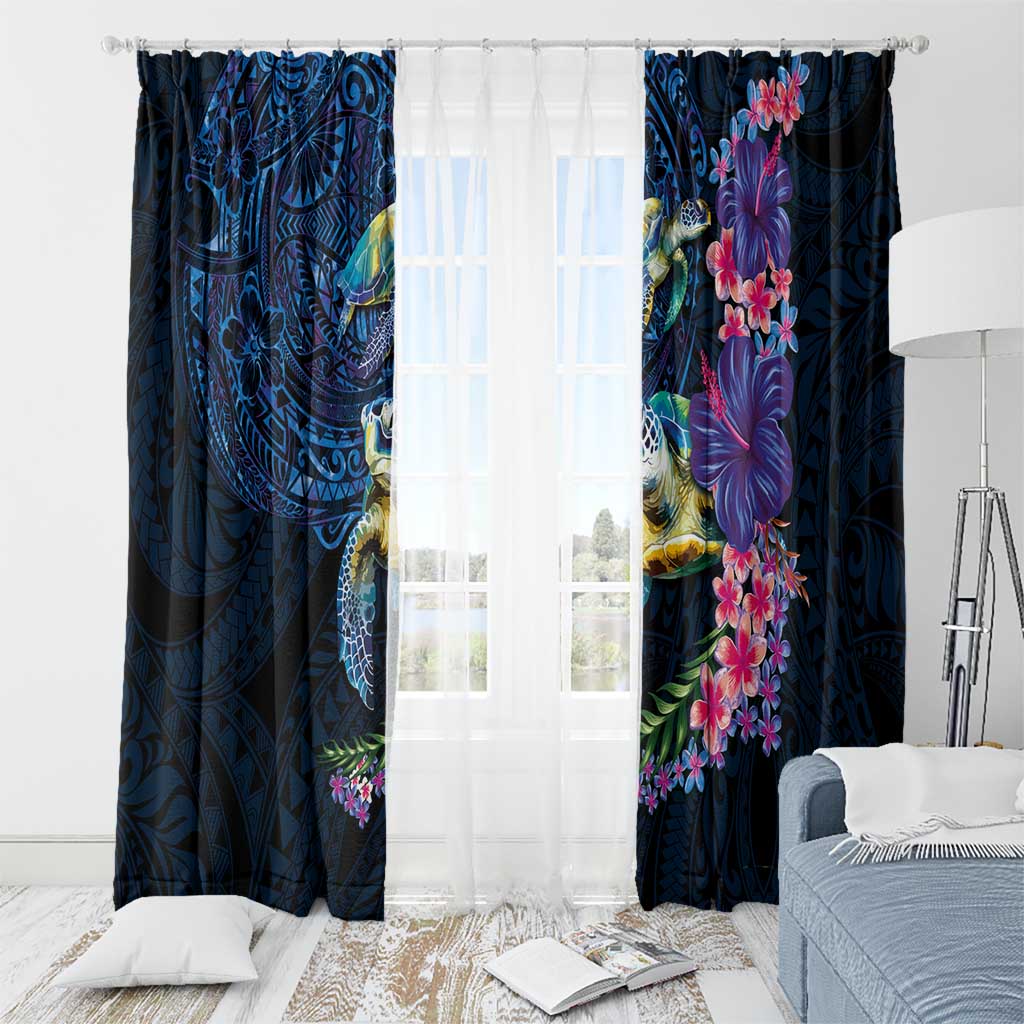 Hawaiian Plumeria and Hibiscus with Turtles Window Curtain Polynesian Art Dark Cyan Color - Polynesian Pride