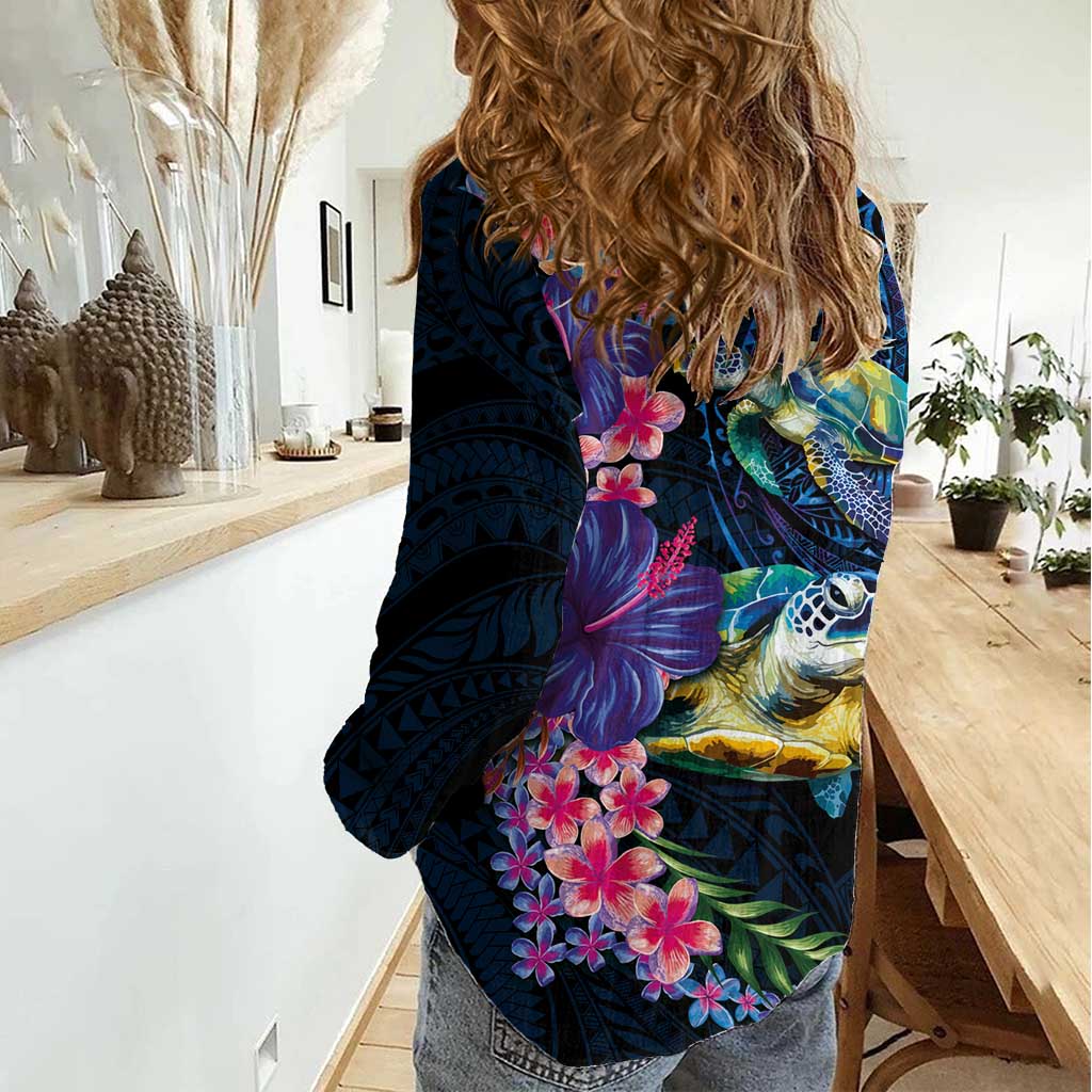 Hawaiian Plumeria and Hibiscus with Turtles Women Casual Shirt Polynesian Art Dark Cyan Color LT03 - Polynesian Pride