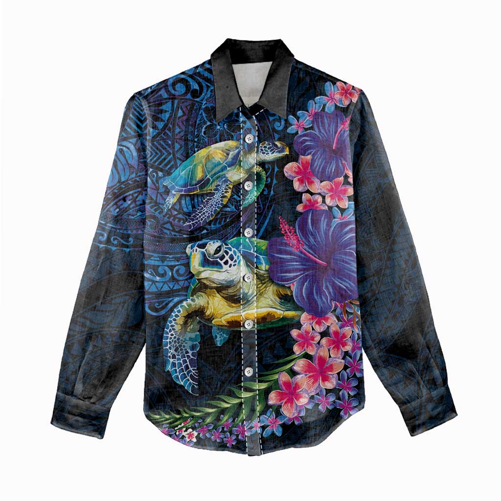 Hawaiian Plumeria and Hibiscus with Turtles Women Casual Shirt Polynesian Art Dark Cyan Color LT03 - Polynesian Pride