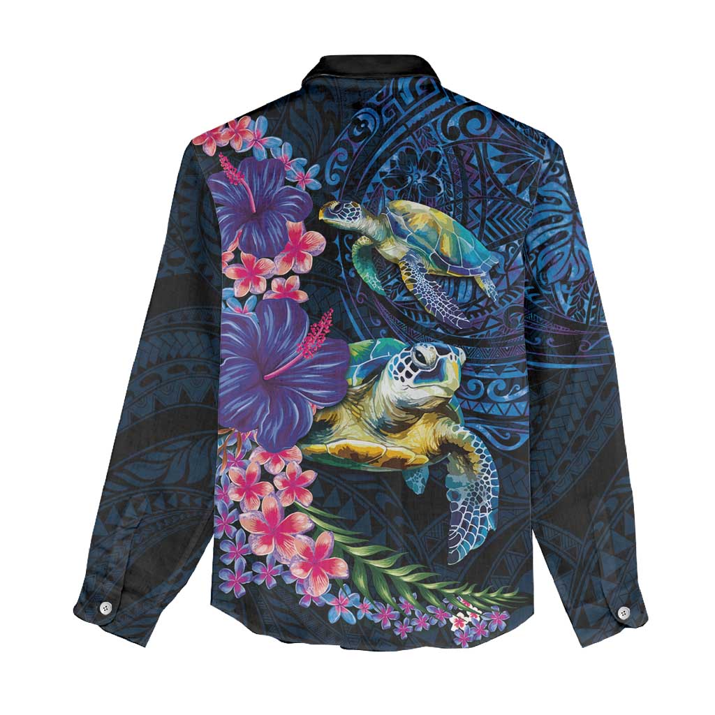 Hawaiian Plumeria and Hibiscus with Turtles Women Casual Shirt Polynesian Art Dark Cyan Color LT03 - Polynesian Pride