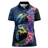 Hawaiian Plumeria and Hibiscus with Turtles Women Polo Shirt Polynesian Art Dark Cyan Color - Polynesian Pride