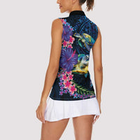 Hawaiian Plumeria and Hibiscus with Turtles Women Sleeveless Polo Shirt Polynesian Art Dark Cyan Color - Polynesian Pride