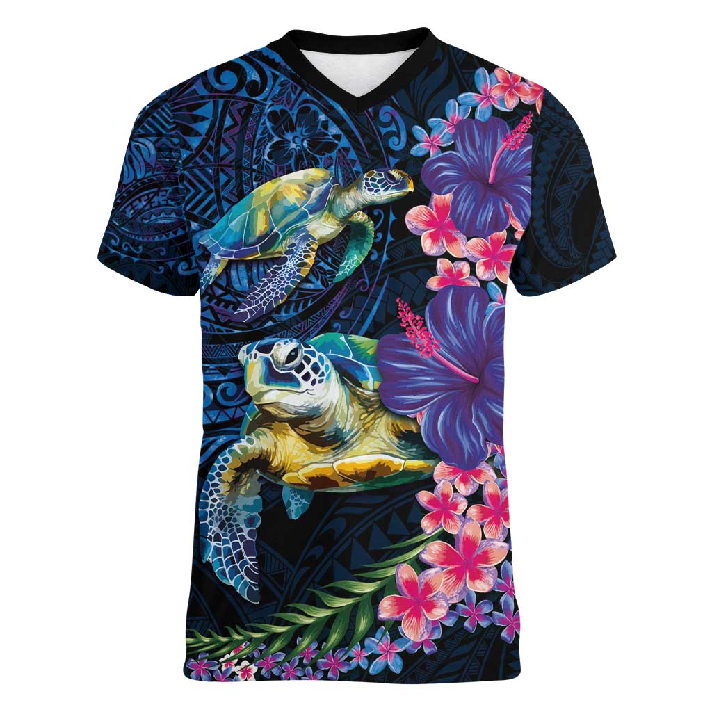 Hawaiian Plumeria and Hibiscus with Turtles Women V-Neck T-Shirt Polynesian Art Dark Cyan Color - Polynesian Pride
