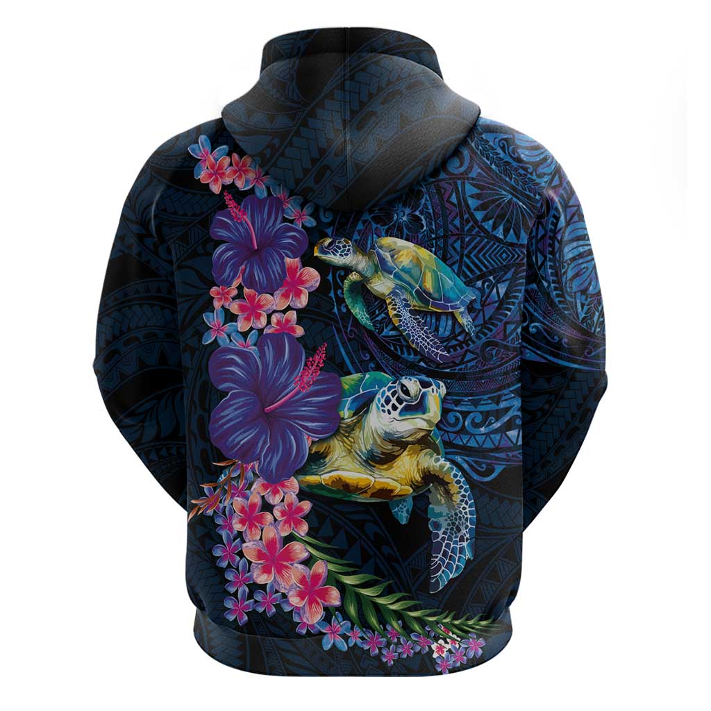 Hawaiian Plumeria and Hibiscus with Turtles Zip Hoodie Polynesian Art Dark Cyan Color - Polynesian Pride
