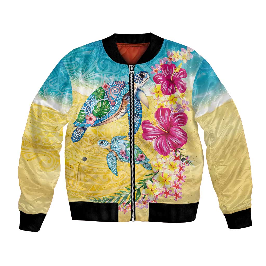 Hawaiian Tropical Plants Turtles Bomber Jacket Watercolor Style - Polynesian Pride