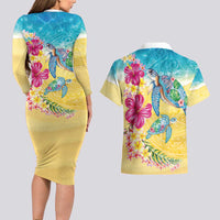 Hawaiian Tropical Plants Turtles Couples Matching Long Sleeve Bodycon Dress and Hawaiian Shirt Watercolor Style - Polynesian Pride