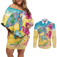 Hawaiian Tropical Plants Turtles Couples Matching Off Shoulder Short Dress and Long Sleeve Button Shirt Watercolor Style - Polynesian Pride